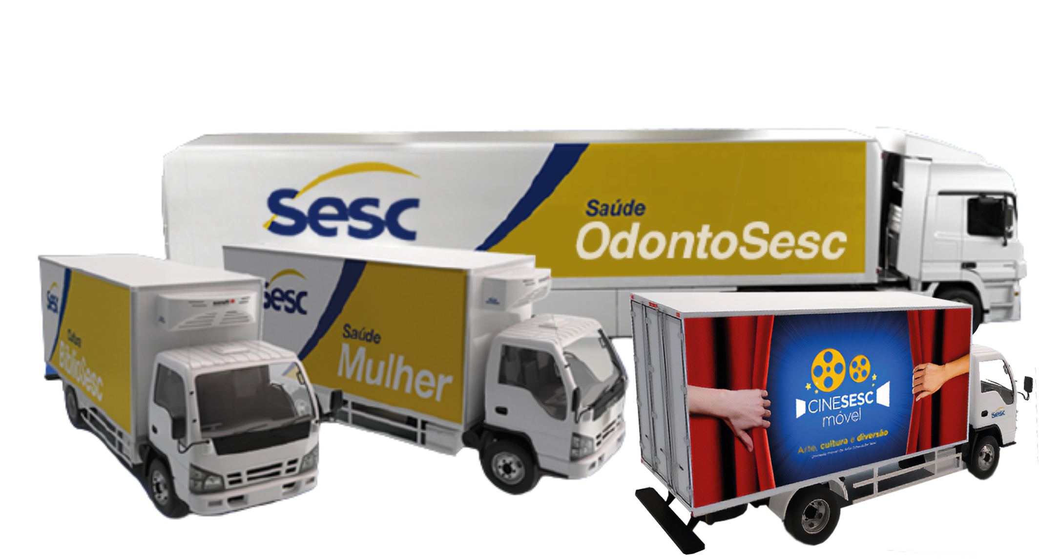 Frota de Unidades Móveis Sesc: OdontoSesc, Saúde Mulher e Cinesesc.